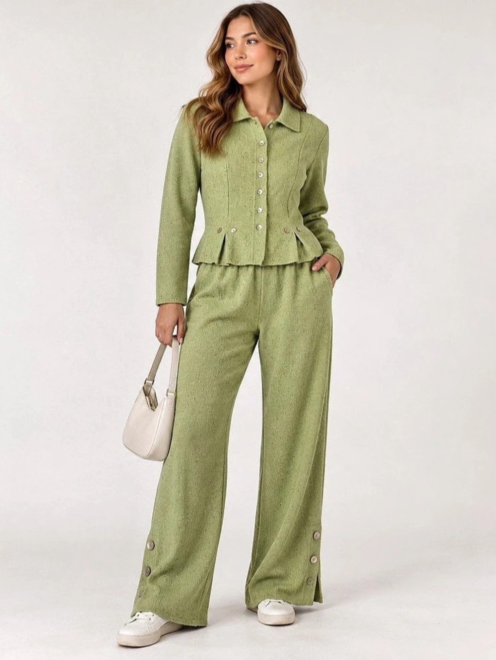 Willow Green Knit 2 Piece Matching Set Cardigan Top Wide Leg Pants Size S
